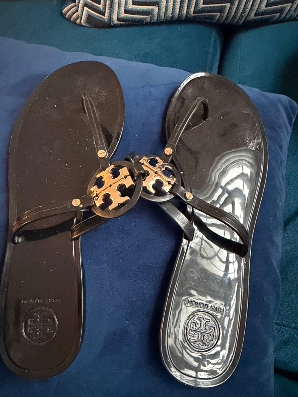 Tory Burch Black Patent Logo Thong Sandals